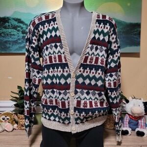 NEW ERA Mens XL Acrylic Geometric Fair Isle Cardigan Sweater Made in USA grandpa